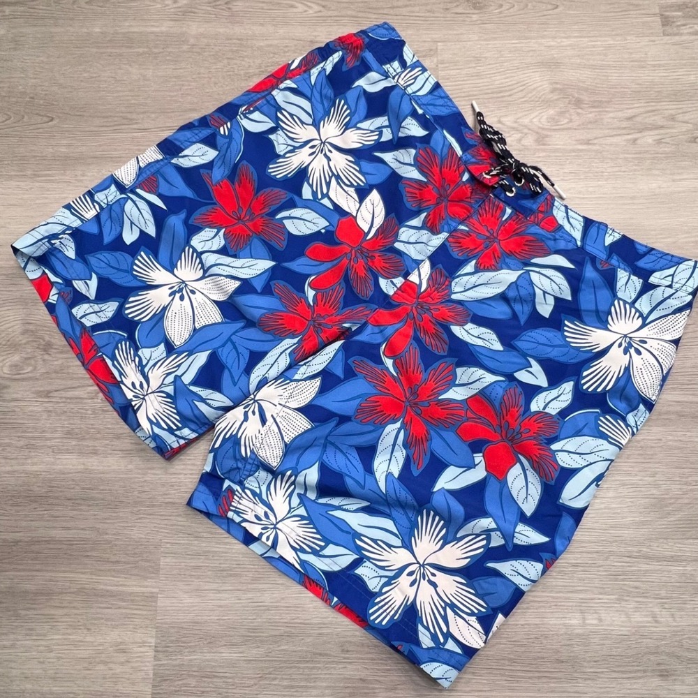 Lands End Mens XL Blue Red Tropical Floral Swim Trunks Board Shorts 480572